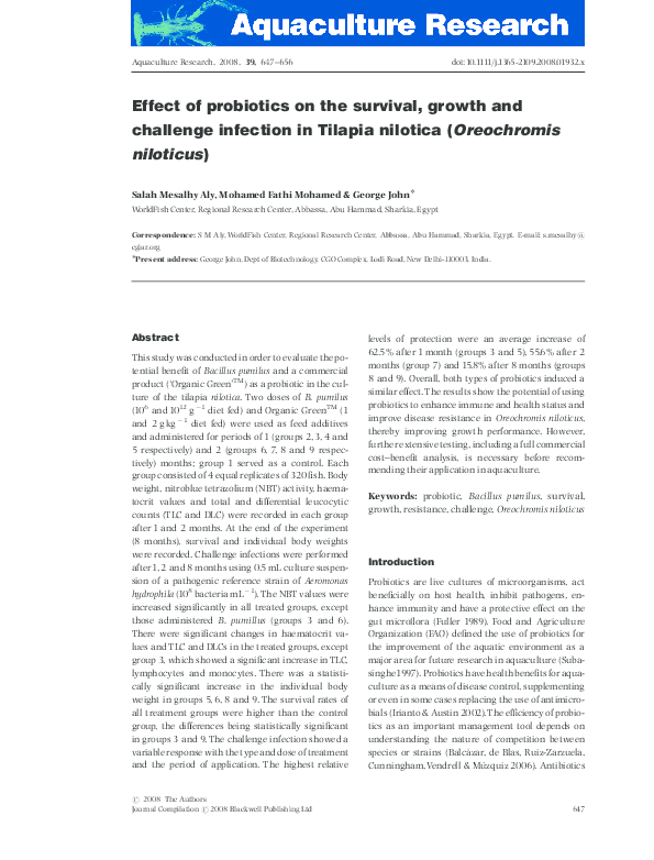 (PDF) Effect of probiotics on the survival, growth and challenge ...