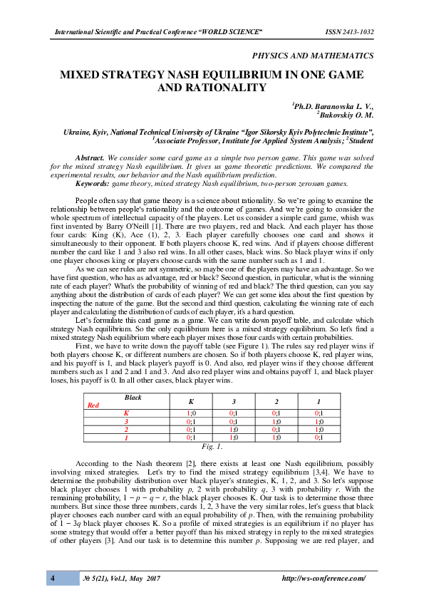 (PDF) MIXED STRATEGY NASH EQUILIBRIUM IN ONE GAME AND RATIONALITY