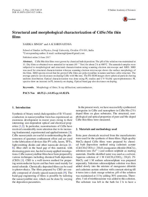 (PDF) Structural and morphological characterization of CdSe:Mn thin films