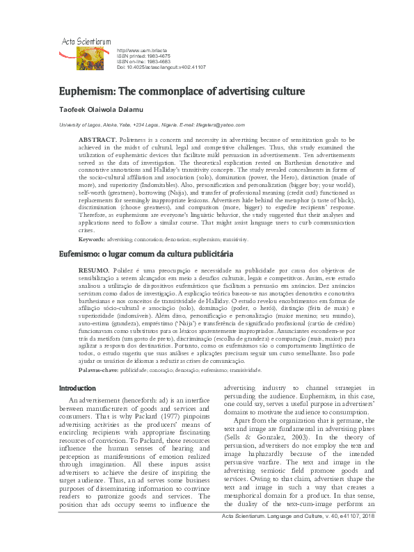 (PDF) Euphemism: The commonplace of advertising culture
