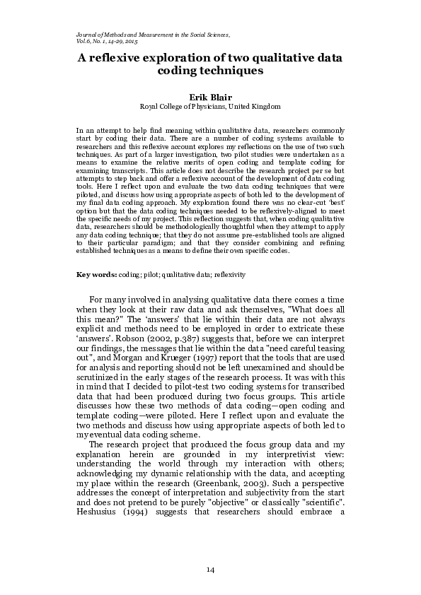 (PDF) A reflexive exploration of two qualitative data coding techniques