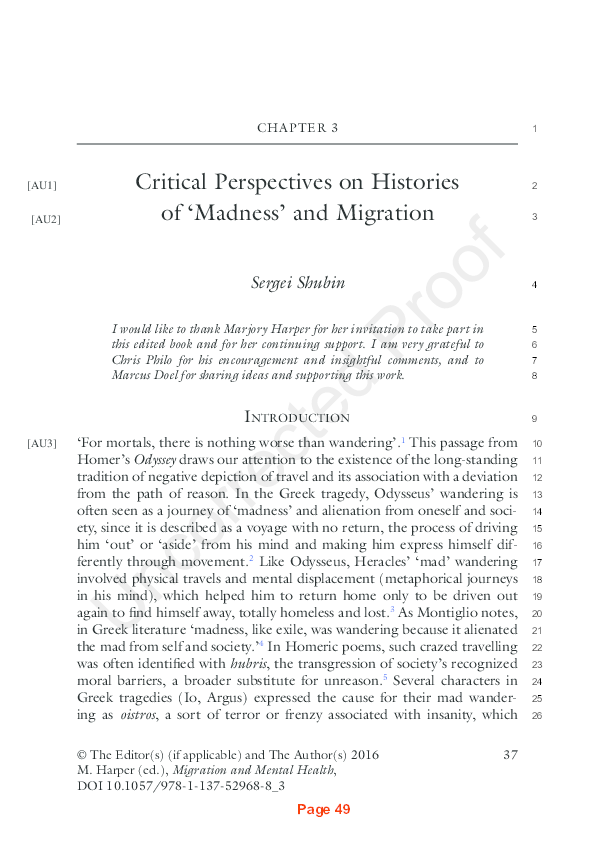 (PDF) Critical Perspectives on Histories of ‘Madness’ and Migration