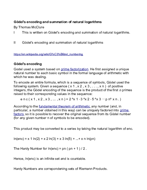 (PDF) Gödel's encoding and summation of natural logarithms