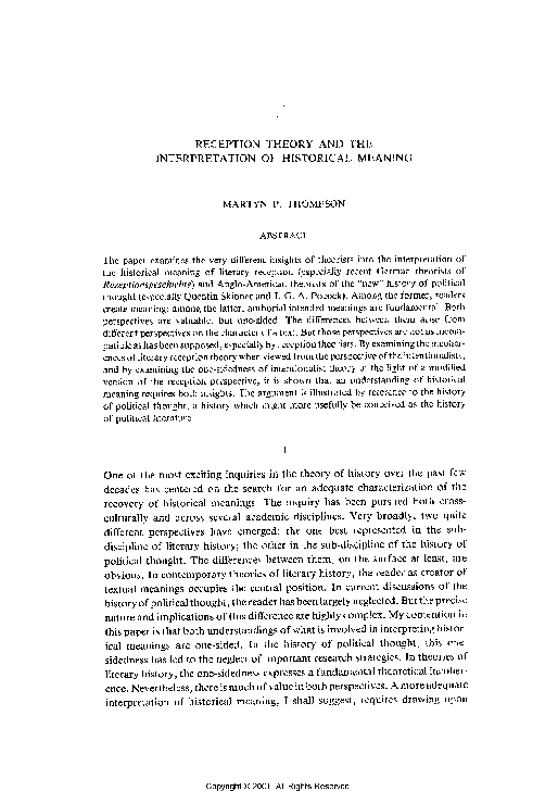 (PDF) Reception Theory and the Interpretation of Historical Meaning