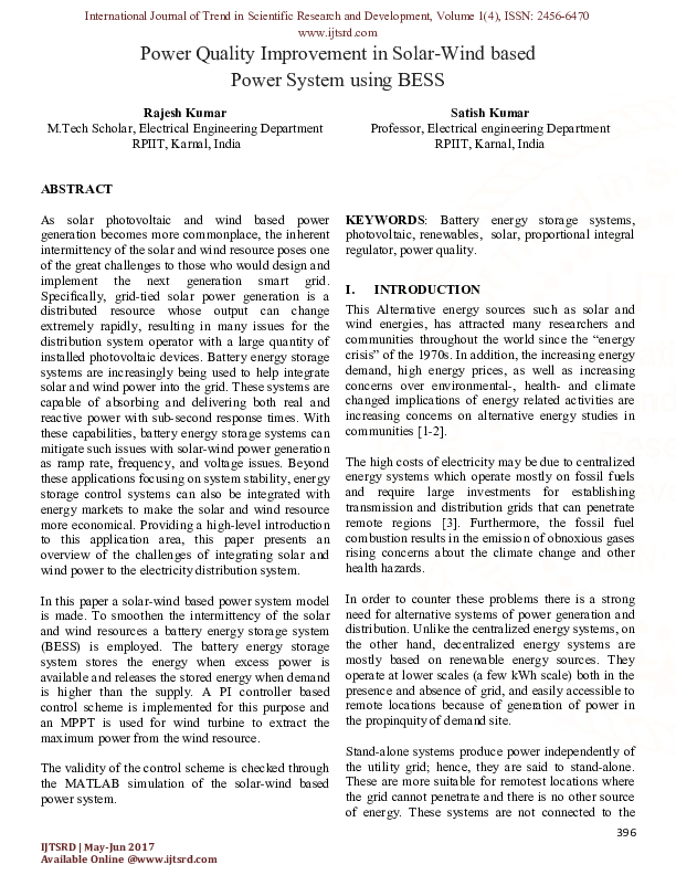(PDF) Power Quality Improvement in Solar-Wind based Power System using BESS