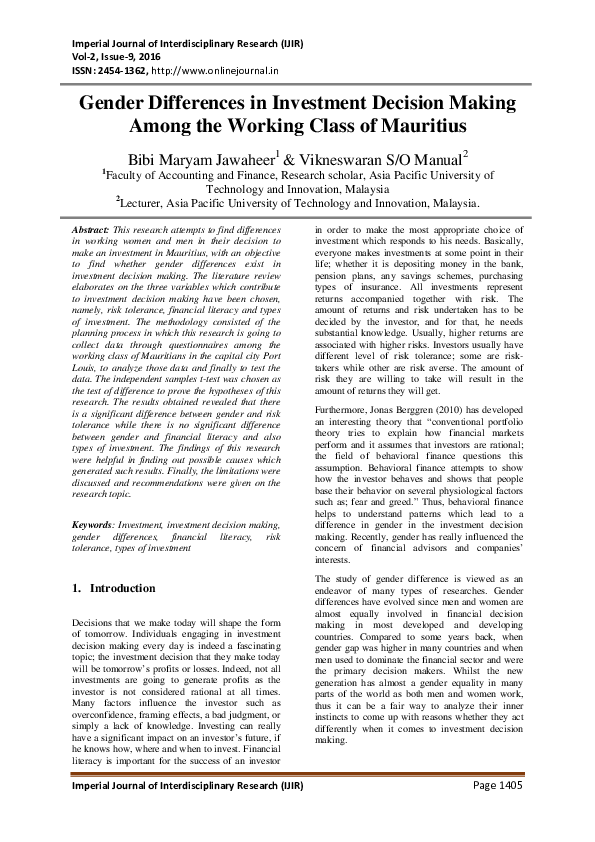 (PDF) Gender Differences in Investment Decision Making Among the ...