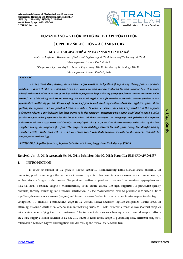 (PDF) FUZZY KANO – VIKOR INTEGRATED APPROACH FOR SUPPLIER SELECTION – A ...