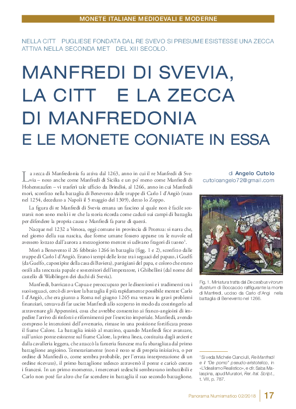 (PDF) MANFREDI DI SVEVIA, LA CITTÀ E LA ZECCA DI MANFREDONIA E LE CONIATE IN ESSA
