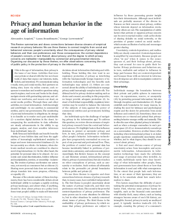 (PDF) Privacy and Human Behavior in the Information Age
