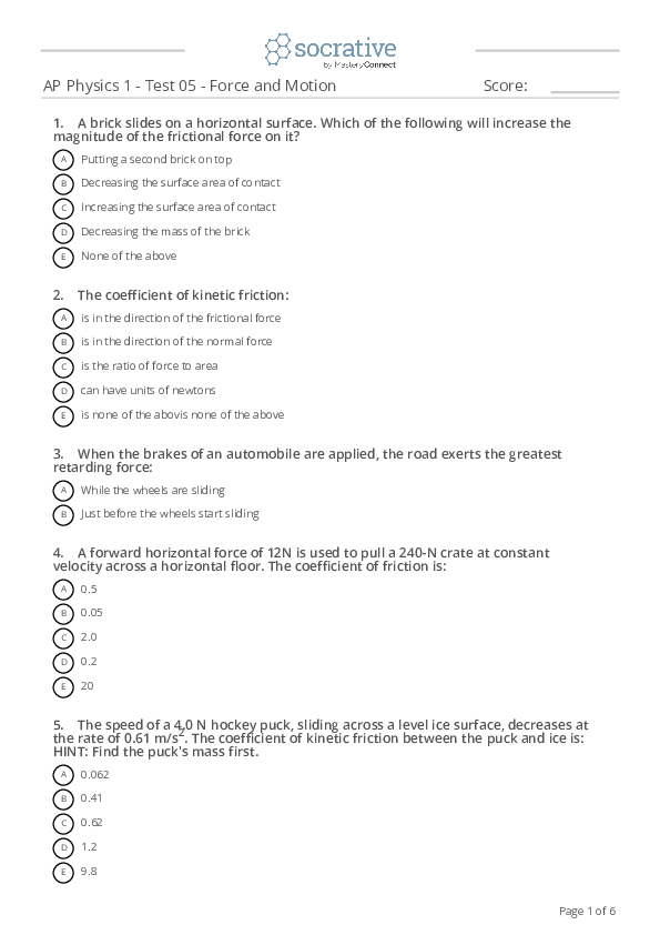 (PDF) AP Physics 1 -Test 05 -Force and Motion Score | James Academia ...