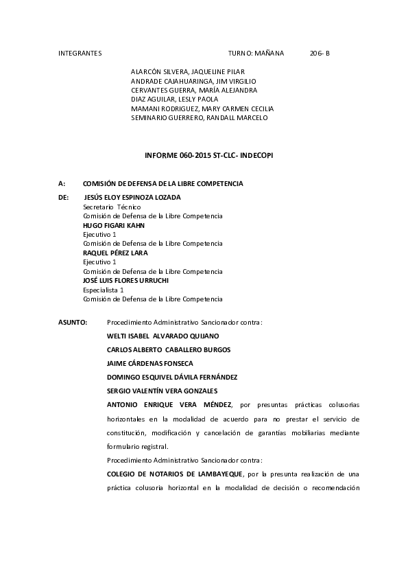 (DOC) INTEGRANTES TURNO MAÑANA 206B A COMISIÓN DE DEFENSA DE LA LIBRE COMPETENCIA Jim