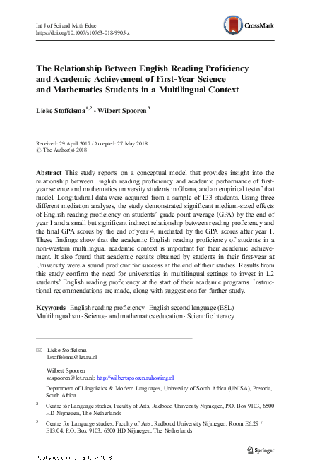 (PDF) The Relationship Between English Reading Proficiency and Academic ...