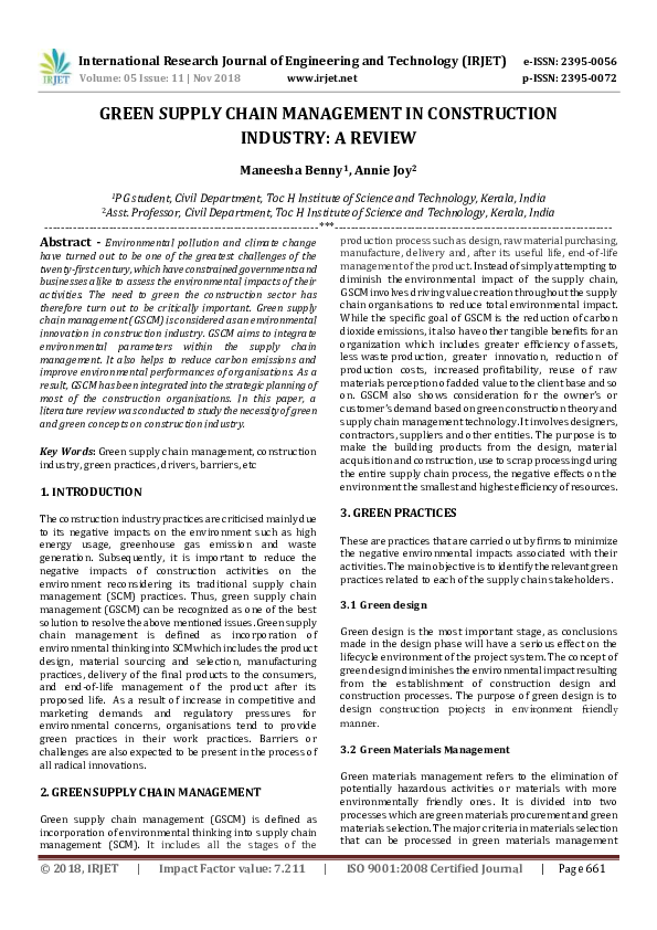 (PDF) IRJET- GREEN SUPPLY CHAIN MANAGEMENT IN CONSTRUCTION INDUSTRY: A ...