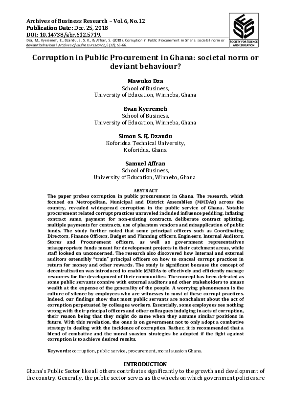 (PDF) Corruption in Public Procurement in Ghana: societal norm or ...