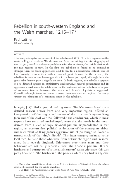 Rebellion in south-western England and the Welsh marches 1215–17