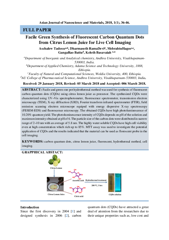 (PDF) Facile Green Synthesis of Fluorescent Carbon Quantum Dots from ...