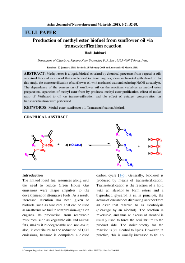 (PDF) Production of methyl ester biofuel from sunflower oil via transesterification reaction