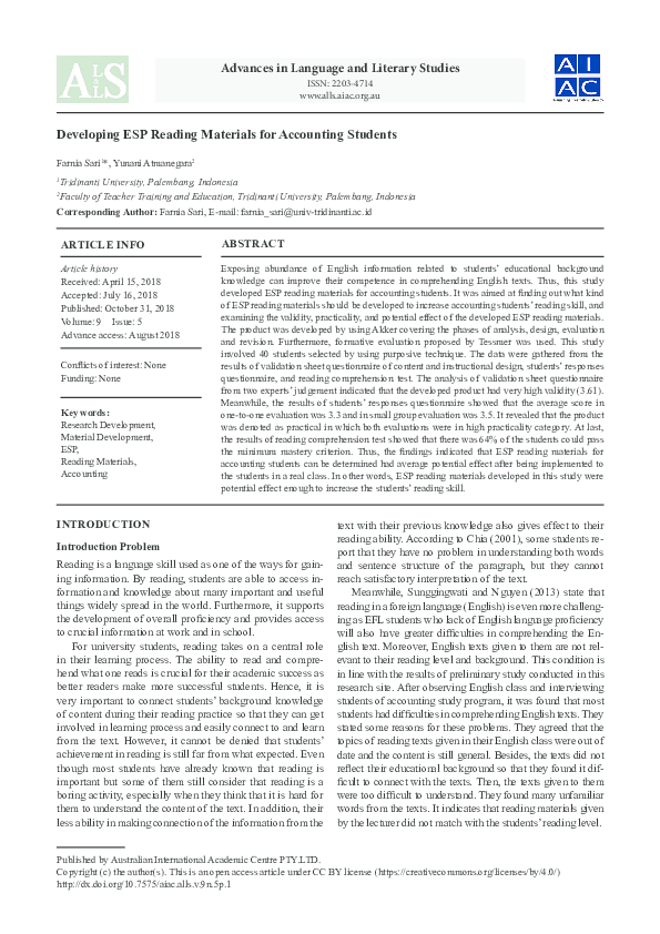 (PDF) Developing ESP Reading Materials for Accounting Students