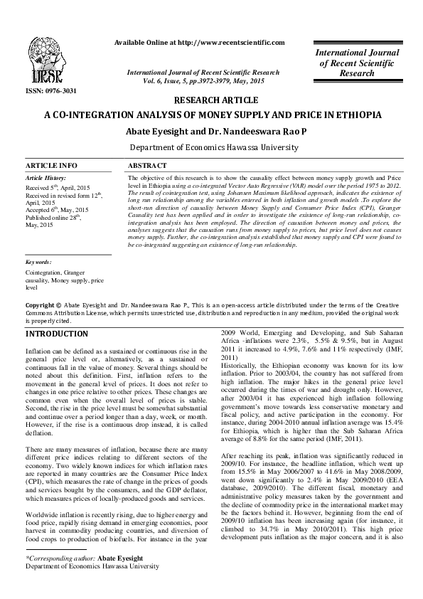 (PDF) A COINTEGRATION ANALYSIS OF MONEY SUPPLY AND PRICE IN ETHIOPIA