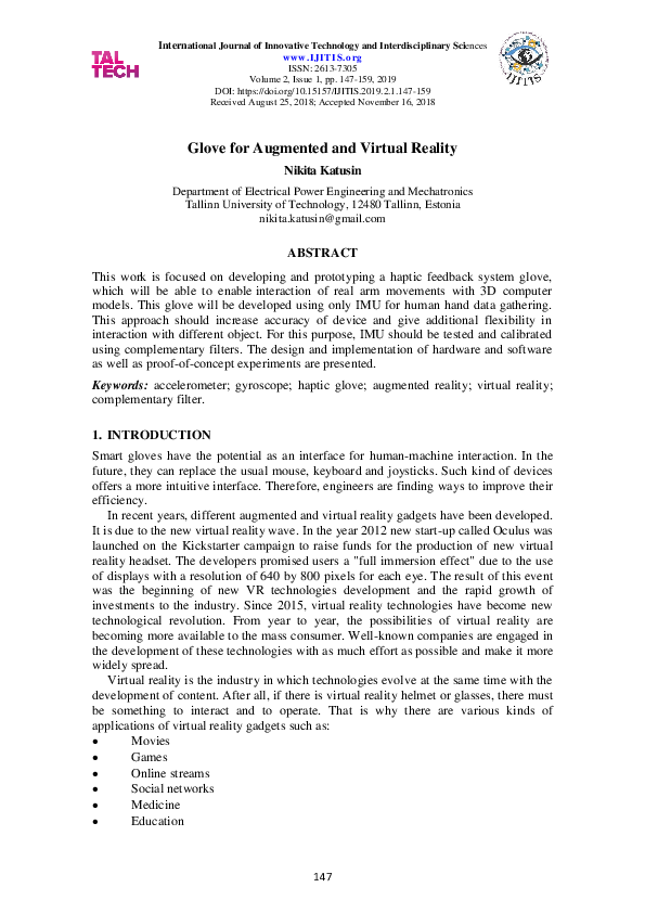 (PDF) Glove for Augmented and Virtual Reality Journal IJITIS and