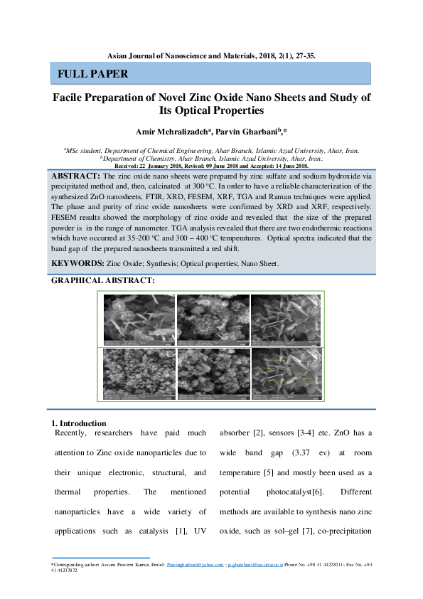 (PDF) Facile Preparation of Novel Zinc Oxide Nano Sheets and Study of ...