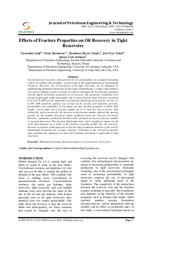 (PDF) Effects of Fracture Properties on Oil Recovery in Tight Reservoirs