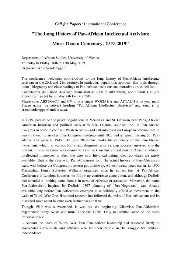 (PDF) CfP The Long History of PanAfrican Intellectual Activism Arno
