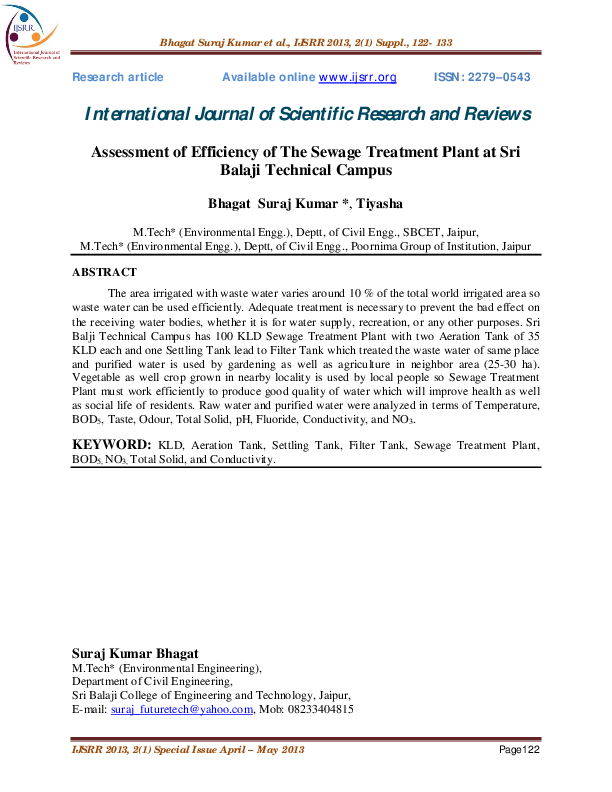 (PDF) Assessment of Efficiency of The Sewage Treatment Plant at Sri ...