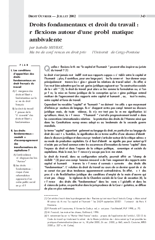 (PDF) Droits fondamentaux et droit du travail : réflexion autour d'une ...