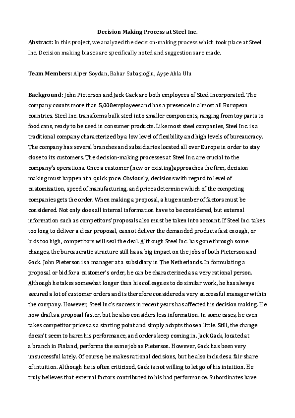 (DOC) A Case Study: Decision Making Process at Steel Inc.