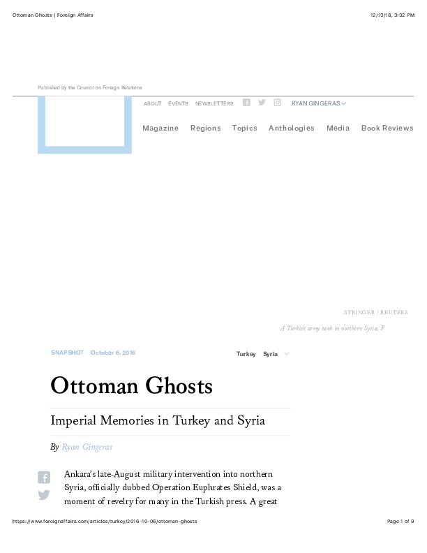 First page of “Ottoman Ghosts Imperial Memories in Turkey and Syria”