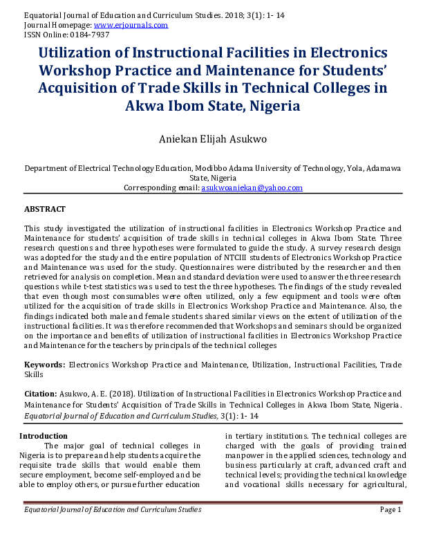 (PDF) Utilization of Instructional Facilities in Electronics Workshop ...