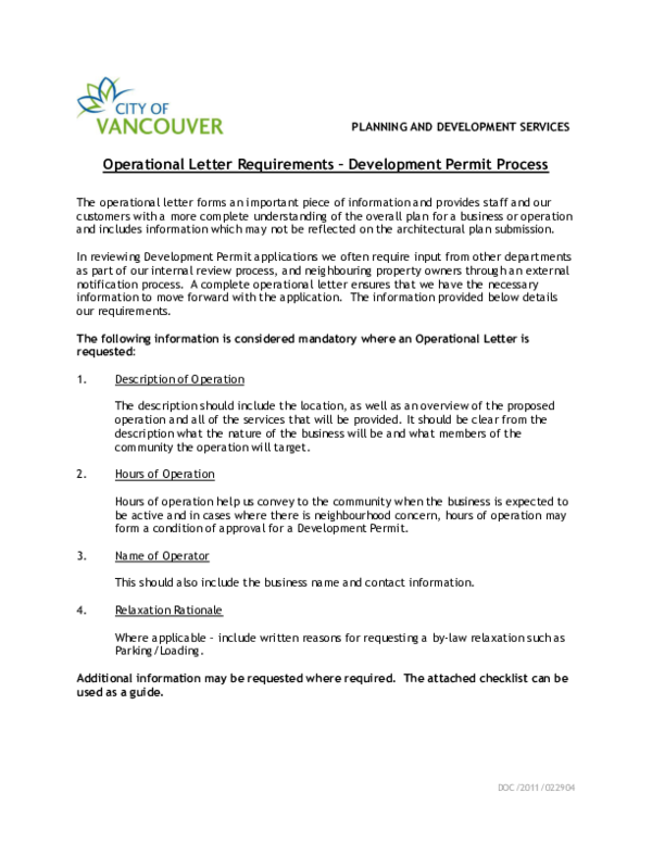 (PDF) PLANNING AND DEVELOPMENT SERVICES Operational Letter Requirements