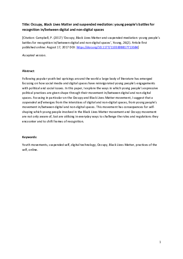 (DOC) Title: Occupy, Black Lives Matter and suspended mediation: young ...