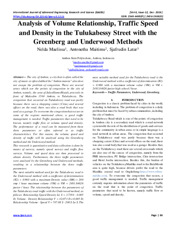 (PDF) Analysis of Volume Relationship, Traffic Speed and Density in the ...