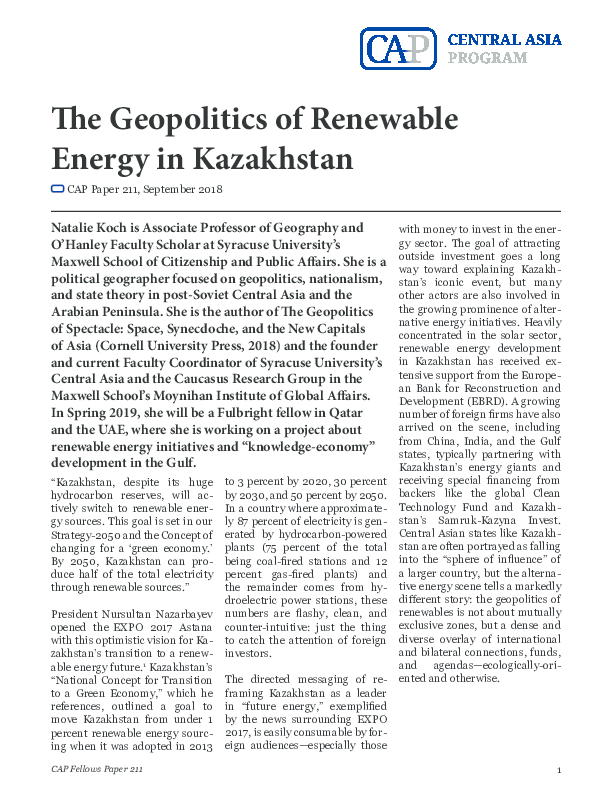 (PDF) The Geopolitics of Renewable Energy in Kazakhstan