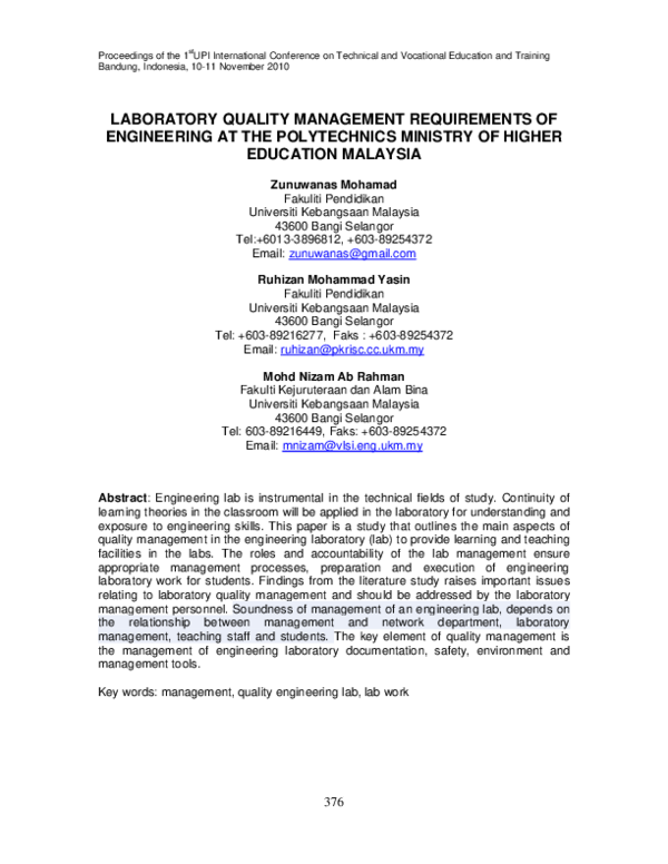 (PDF) LABORATORY QUALITY MANAGEMENT REQUIREMENTS OF ENGINEERING AT THE
