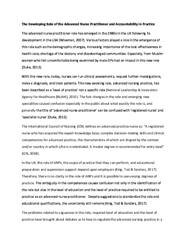(DOC) The Developing Role of the Advanced Nurse Practitioner and ...