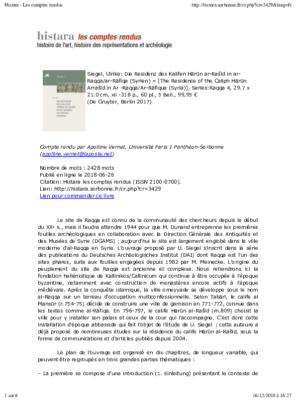 (PDF) Compte rendu de Siegel, Ulrike Die Residenz des Kalifen Hārūn ar