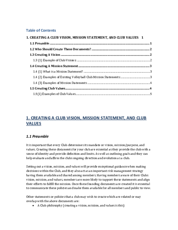 (DOC) . Creating A Club Vision Mission Statement and Values Yi Sui