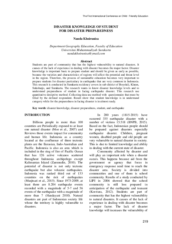 Pdf Disaster Knowledge Of Student For Disaster Preparedness