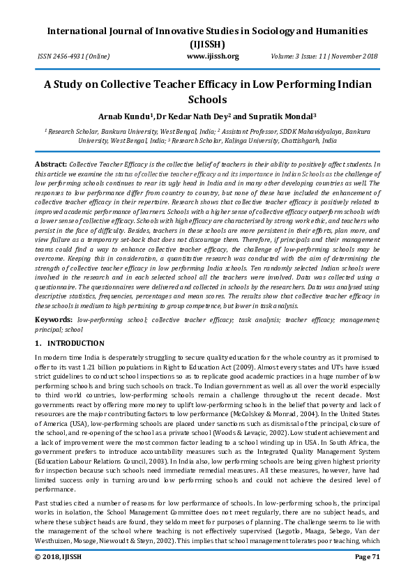(PDF) A Study on Collective Teacher Efficacy in Low Performing Indian ...