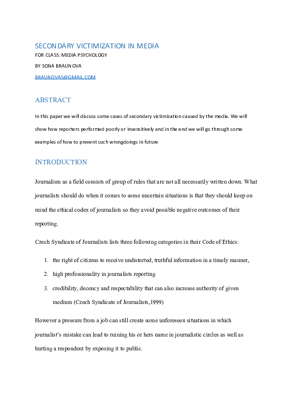 (PDF) SECONDARY VICTIMIZATION IN MEDIA FOR CLASS MEDIA PSYCHOLOGY Soňa Braunová Academia.edu