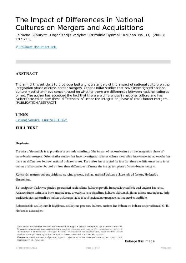 The Impact of Differences in National Cultures on Mergers and ...
