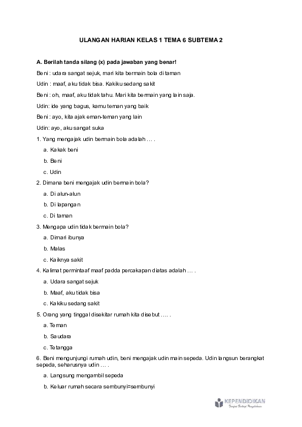 (DOC) ULANGAN HARIAN KELAS 1 TEMA 6 SUBTEMA 2 angga