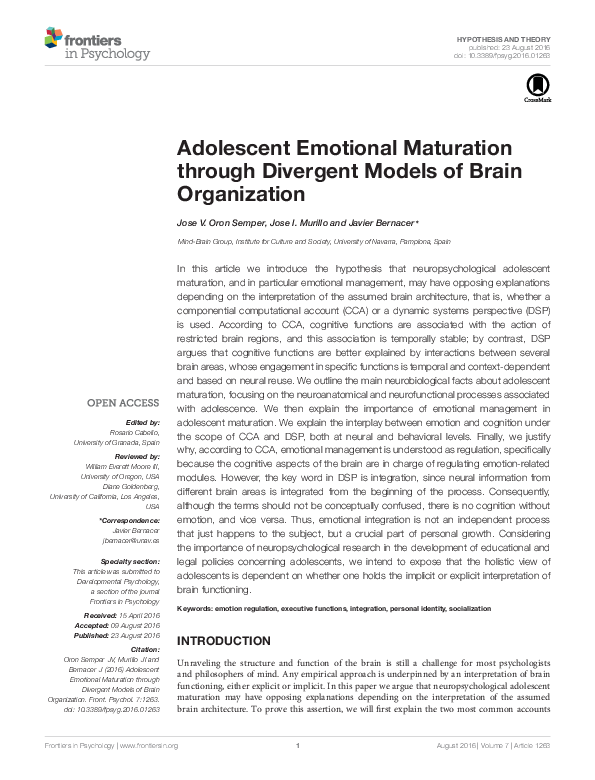 (PDF) Adolescent Emotional Maturation through Divergent Models of Brain ...