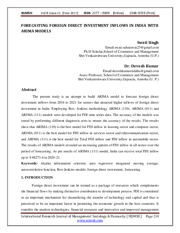 (PDF) FORECASTING FOREIGN DIRECT INVESTMENT INFLOWS IN INDIA WITH ARIMA ...