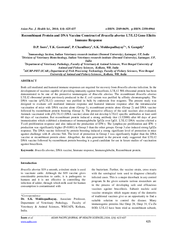(PDF) Protein and DNA Vaccine Construct of Brucella abortus L7/L12 Gene Elicits