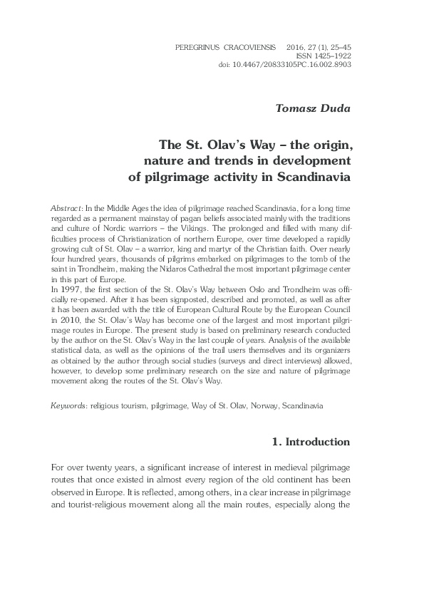 The St. Olav's Way - the origin, nature and trends in development of pilgrimage activity in Scandinavia
