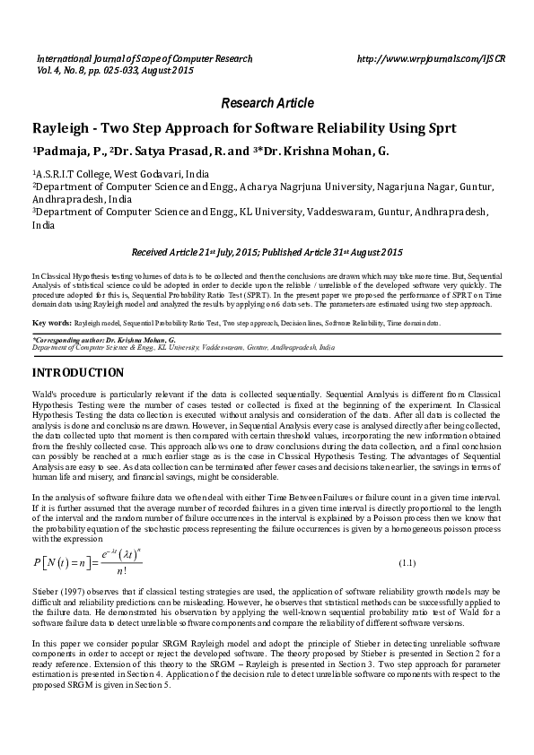 (PDF) Rayleigh -Two Step Approach for Software Reliability Using Sprt